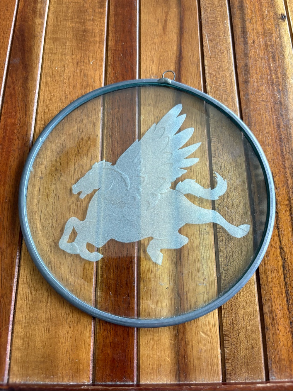VTG Etched Glass Window Light Catcher Hanging Decor Winged Pegasus Round